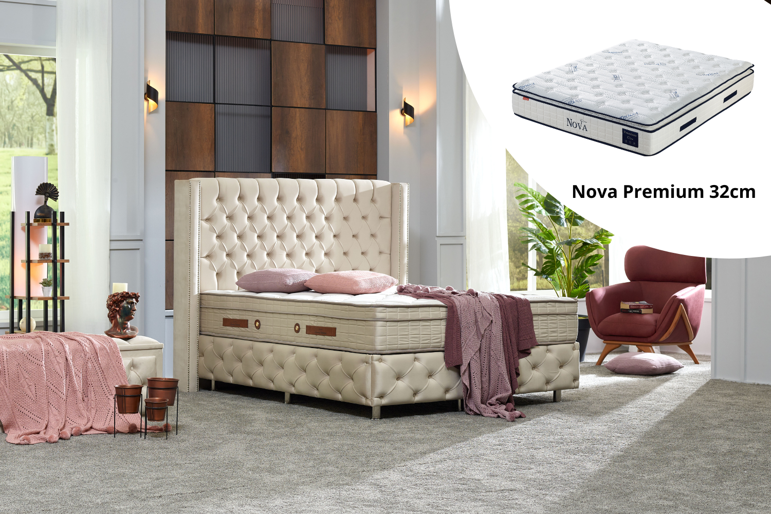 Pack complet Lit coffre Armony Clouté Beige + Matelas Nova Premium 32cm