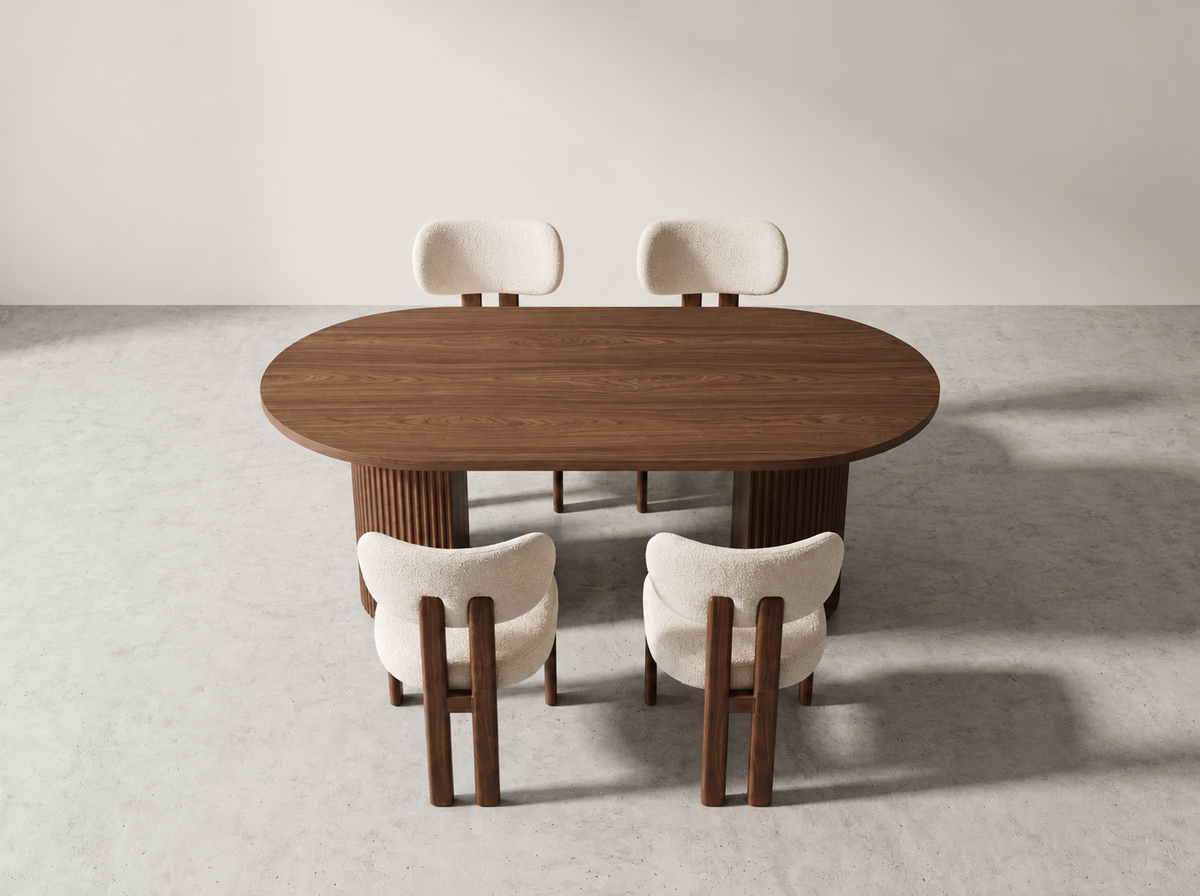 Pack Table à manger Louisa 160cm + 4 chaises Hera Chenille Noyer