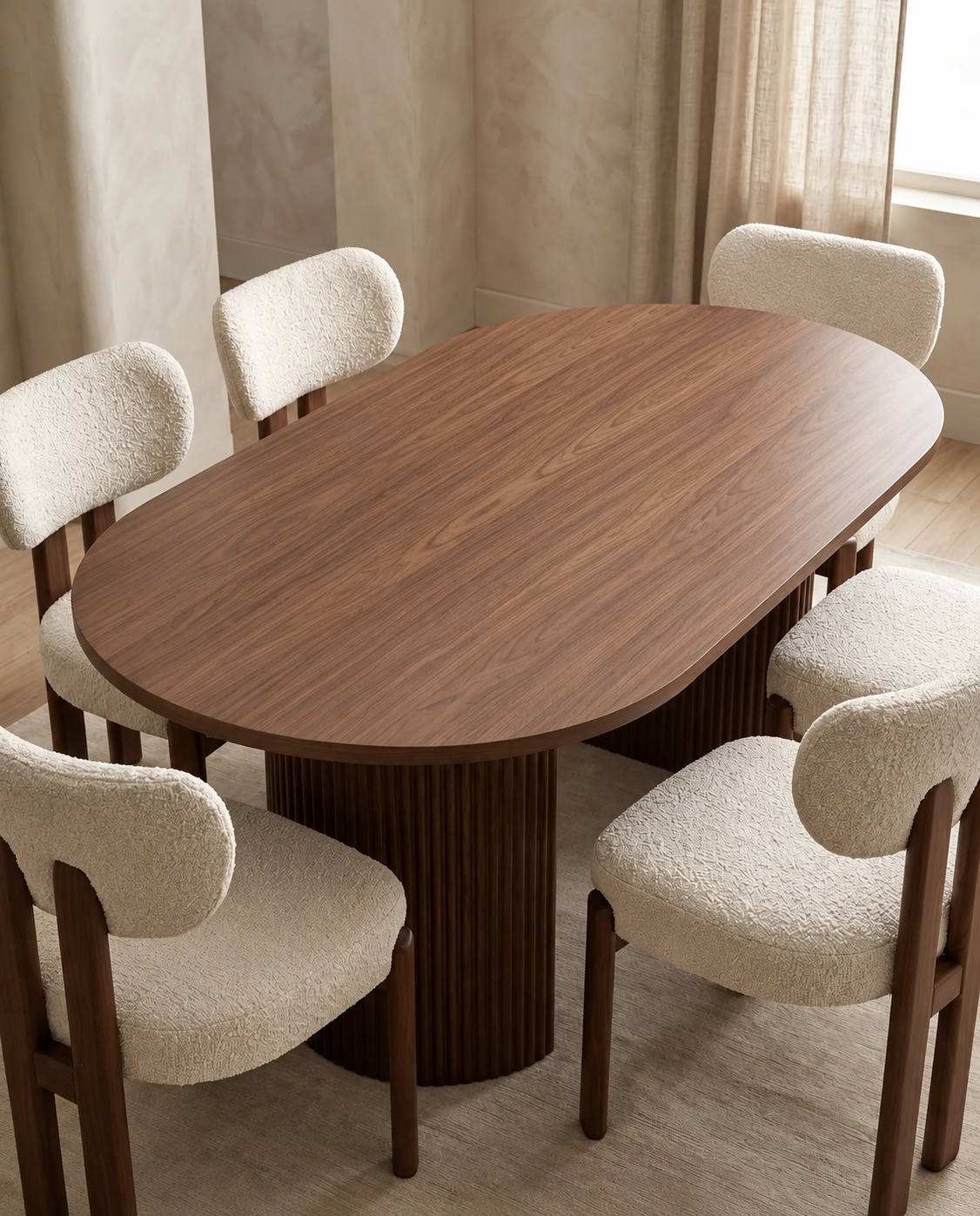 Pack Table à manger Louisa 160cm + 4 chaises Hera Chenille Noyer