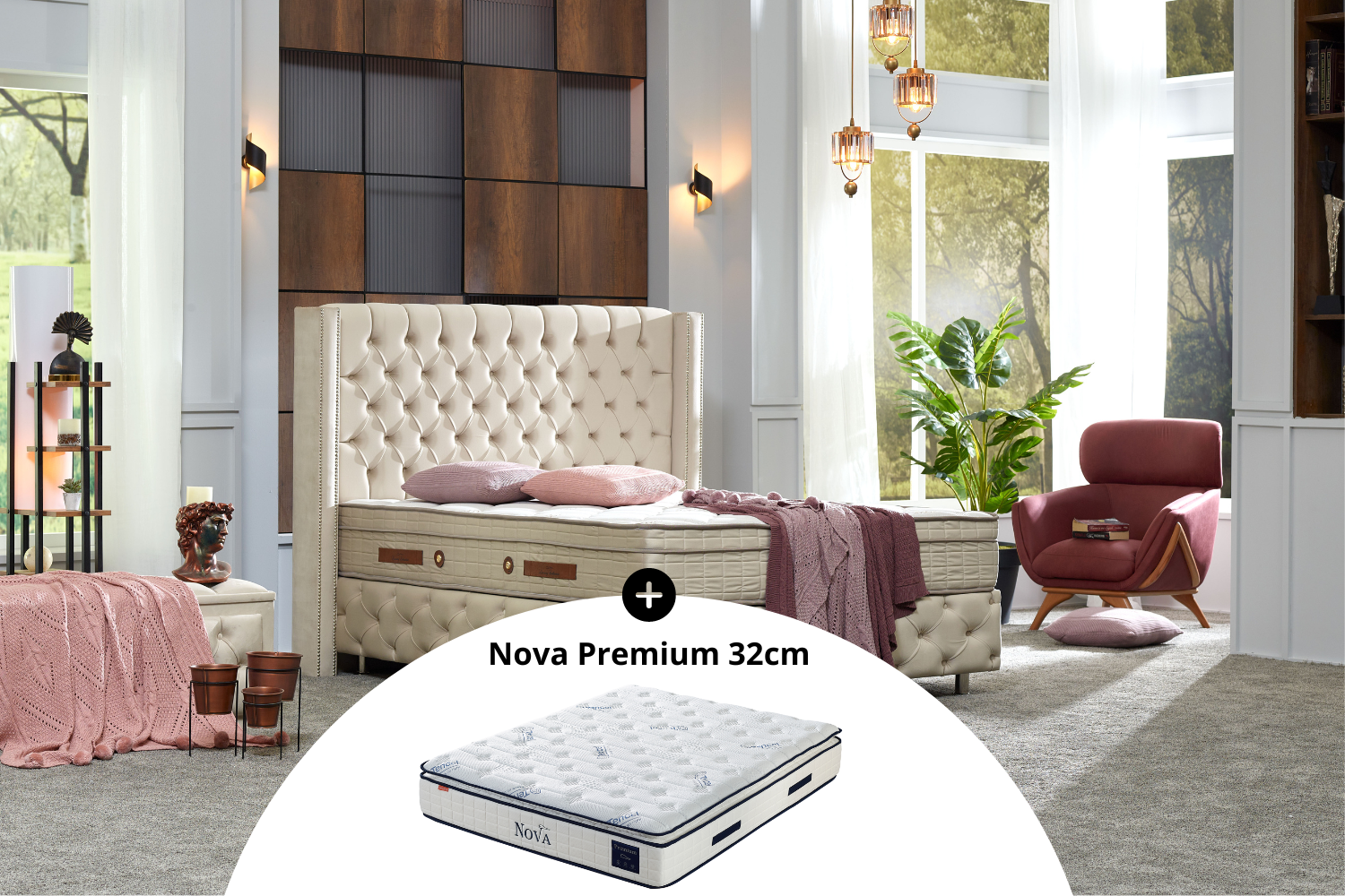 Pack complet Lit coffre Armony Clouté Beige + Matelas Nova Premium 32cm