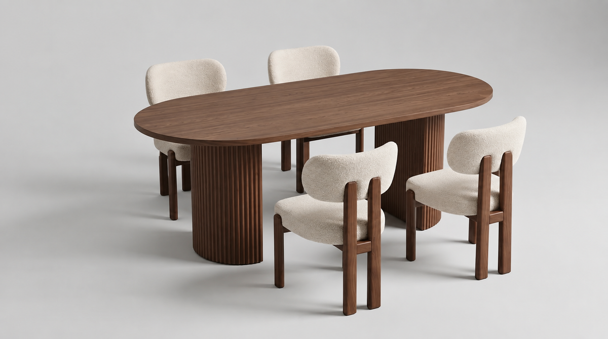 Pack Table à manger Louisa 160cm + 4 chaises Hera Chenille Noyer