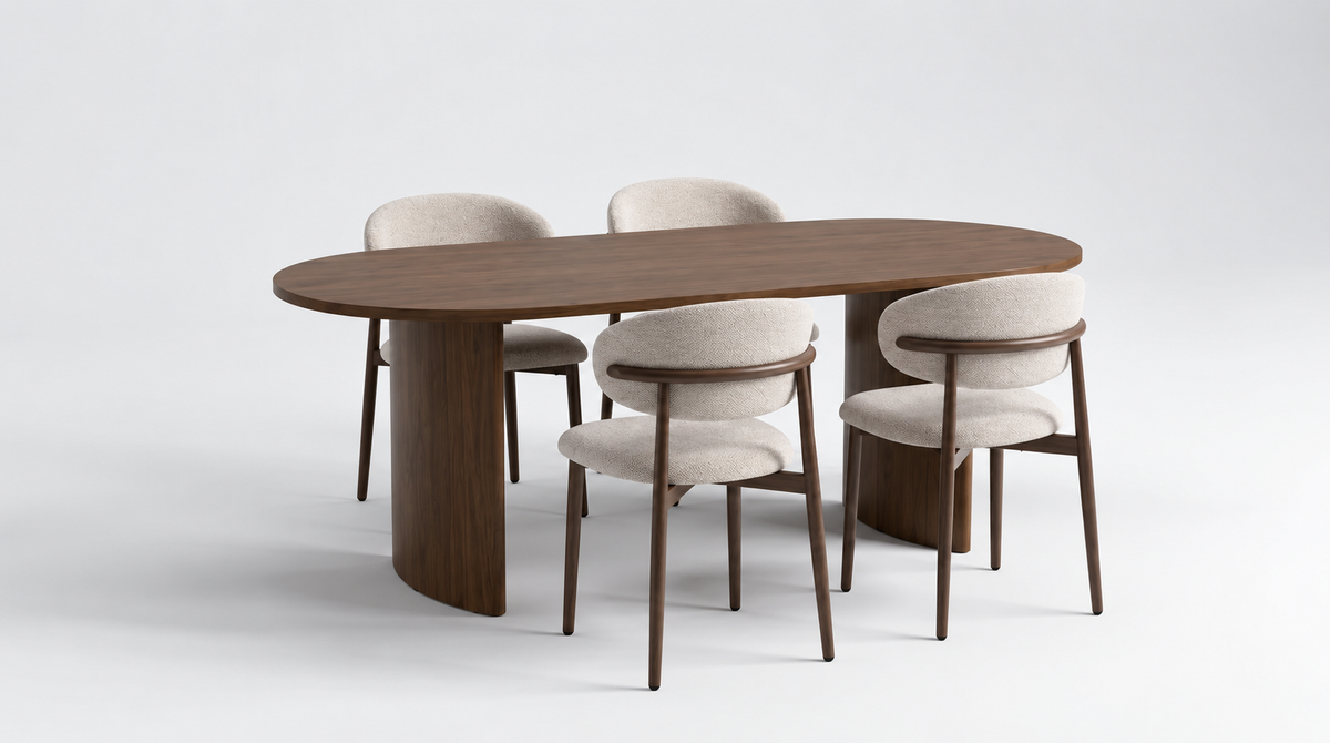 Pack Table à manger Joséphine Noyer 180cm + 4 chaises Bohème Chenille Noyer