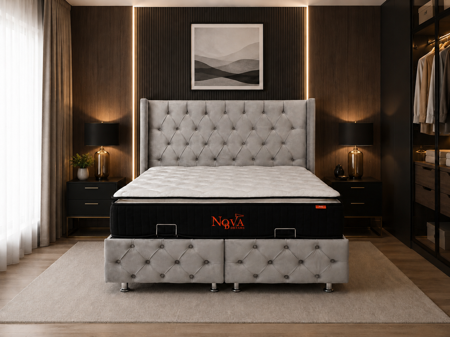 Pack complet Lit coffre Armony Clouté Gris + Matelas Nova Premium 32cm