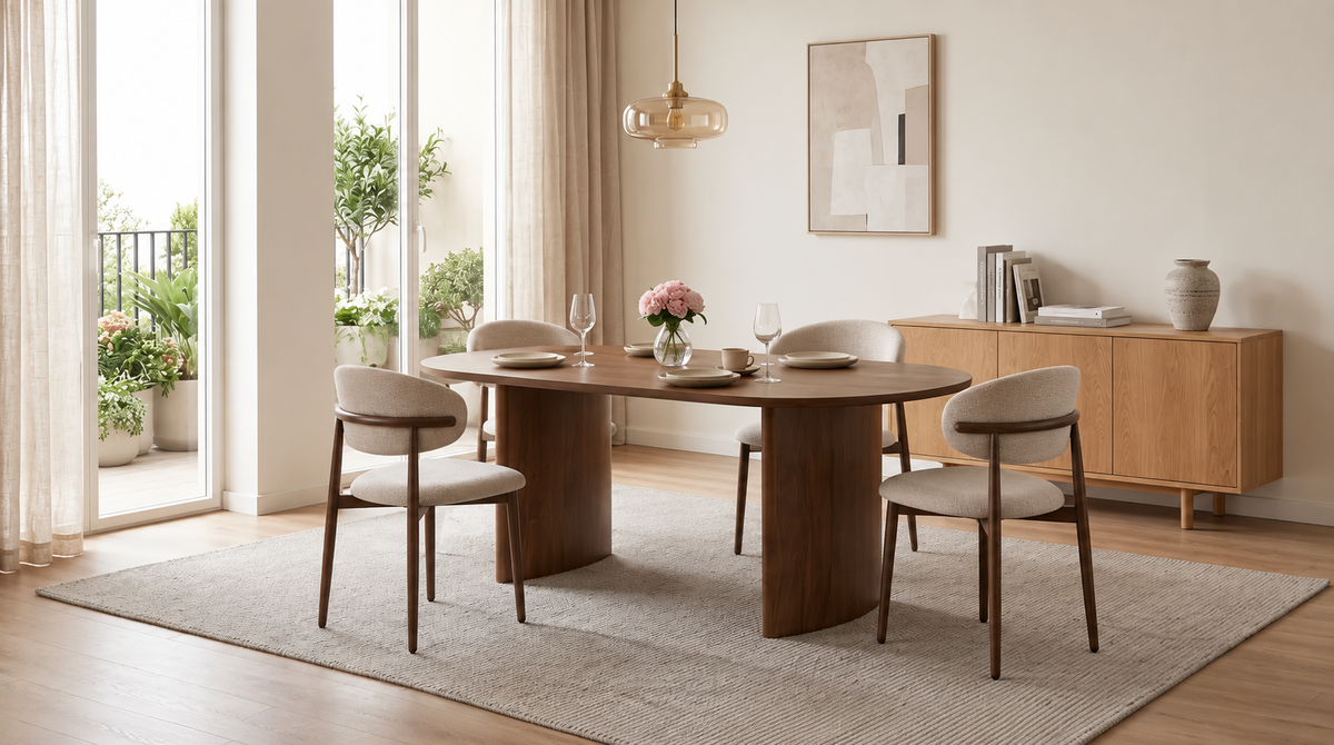 Pack Table à manger Joséphine Noyer 180cm + 4 chaises Bohème Chenille Noyer
