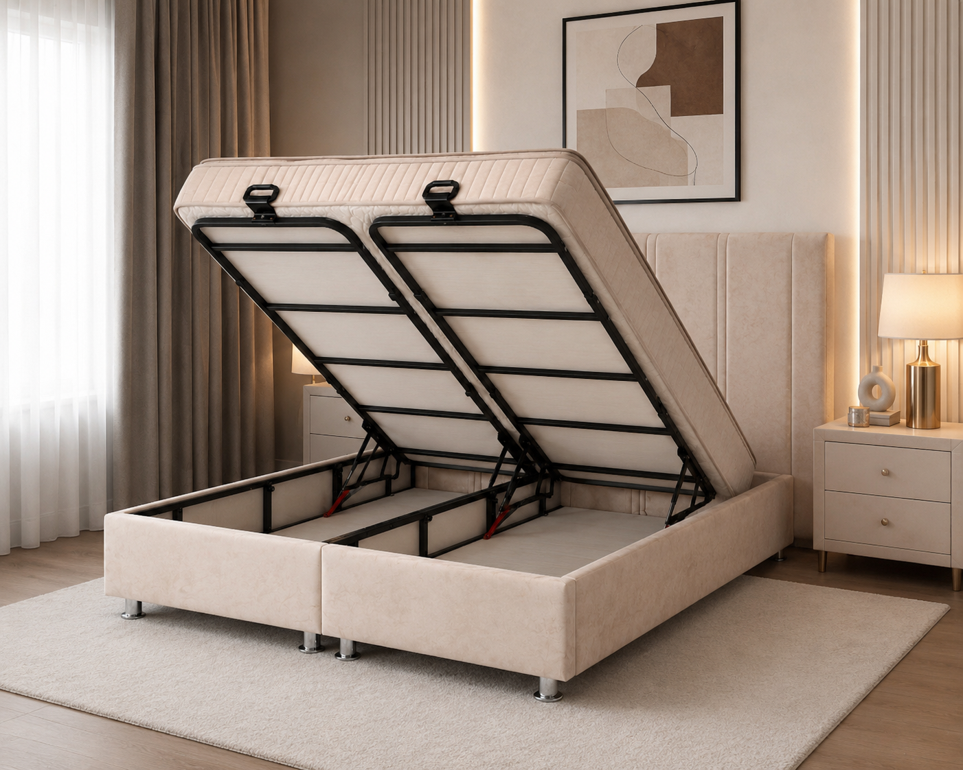 Pack complet Lit coffre Lugano Beige + Matelas 30cm