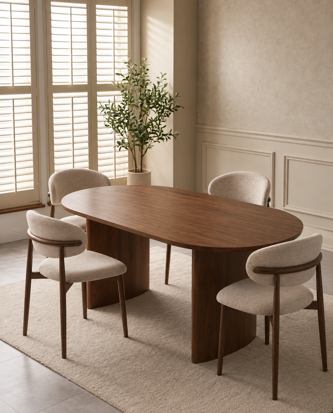 Pack Table à manger Joséphine Noyer 180cm + 4 chaises Bohème Chenille Noyer