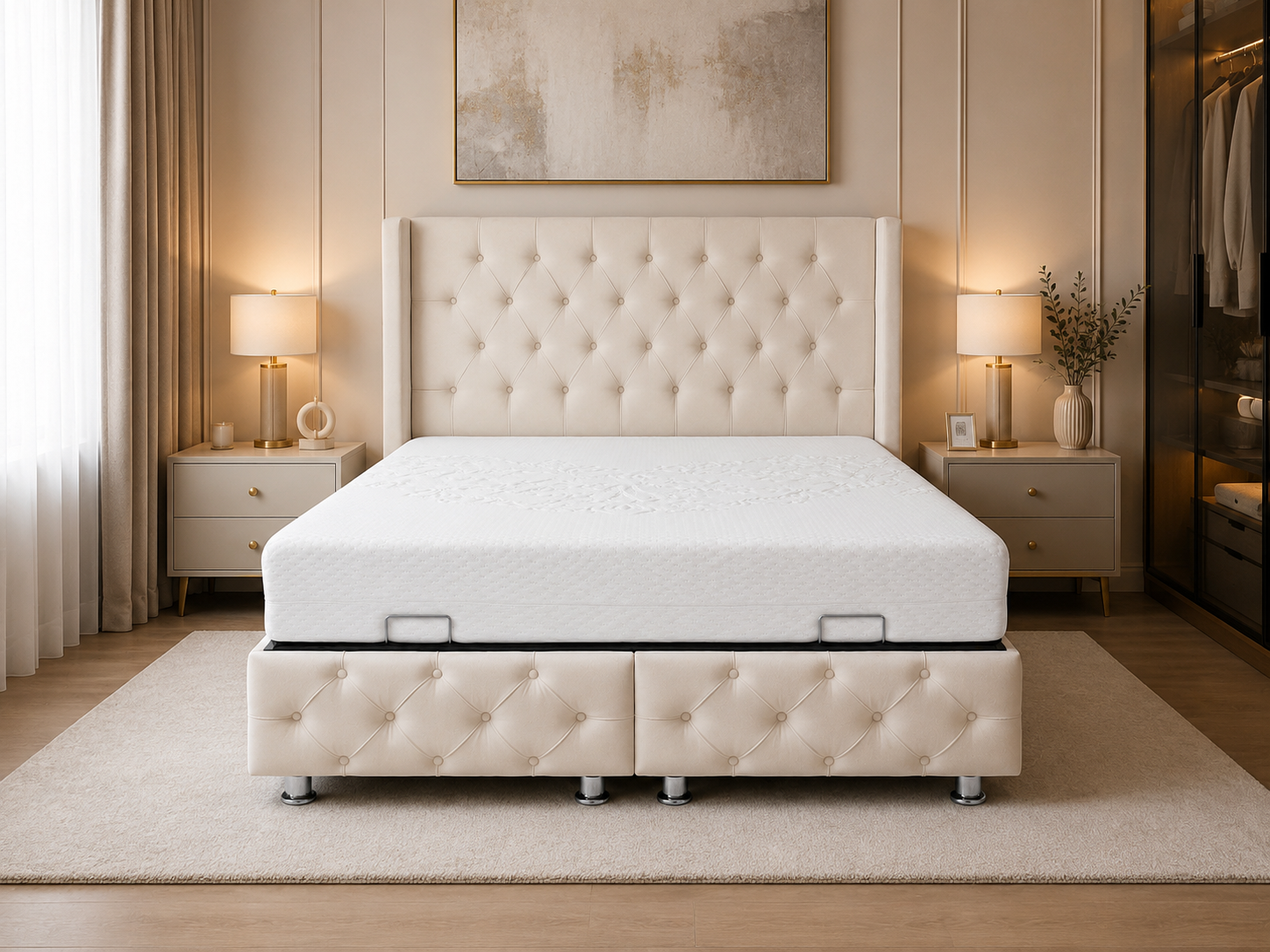 Pack complet Lit coffre Armony Clouté Bianca + Matelas Nova Premium 32cm