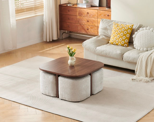 Table basse Marbella noyer avec poufs