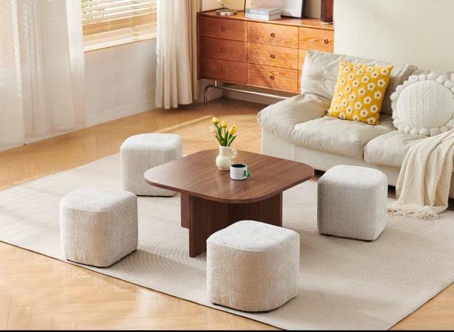 Table basse Marbella noyer avec poufs