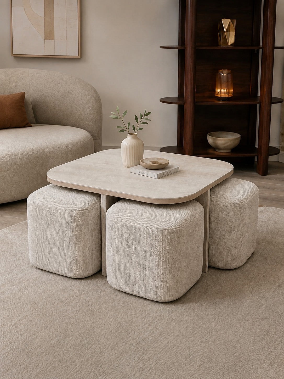 Table basse Marbella Travertin avec poufs